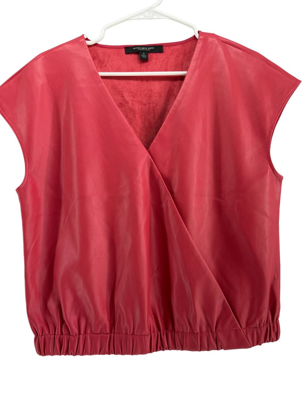 Andrew Marc New York Short Sleeve Pink Faux Leather Surplice Top Women's Small